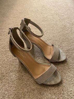 LovMark Silver Rhinestone Ankle-Strap Block Heels